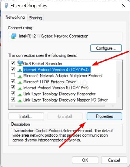 the ethernet properties in windows