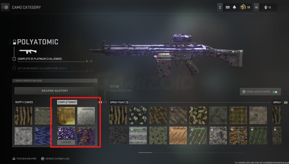 Showing four completionist camos