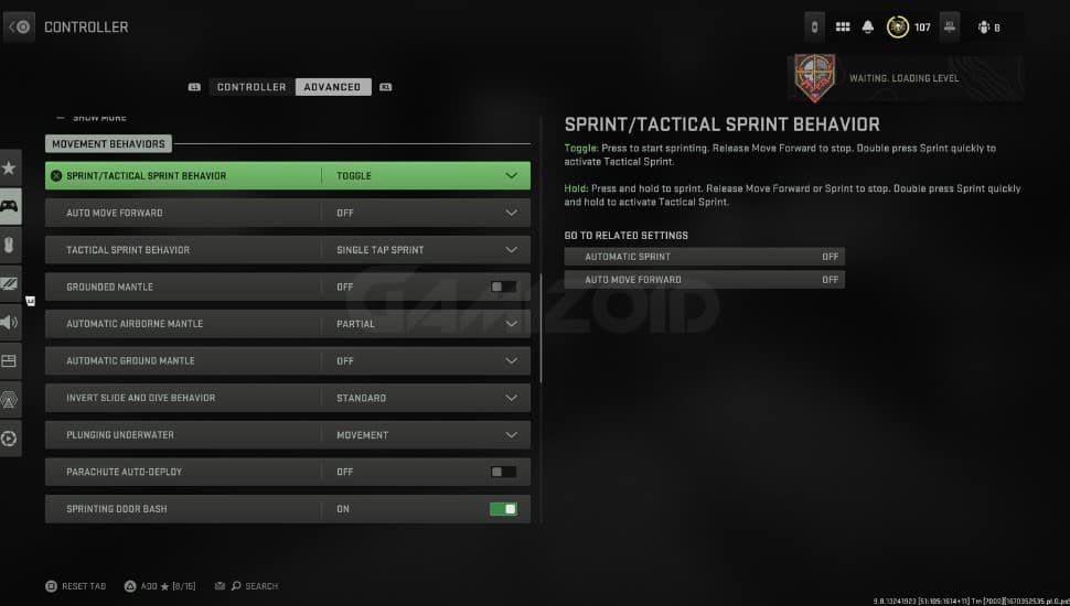 Showing movement behaviors settings modern warfare 2